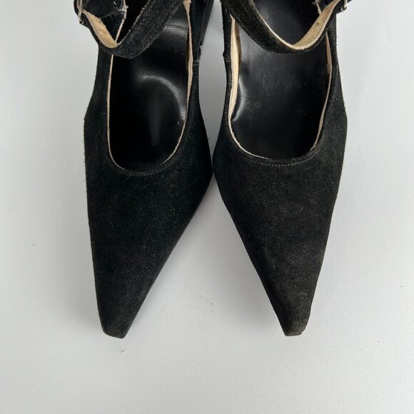 John Fluevog Suede Leather Pointed Square Toe Chunky Curve Heel Mary Jane Witchy - Picture 3 of 8